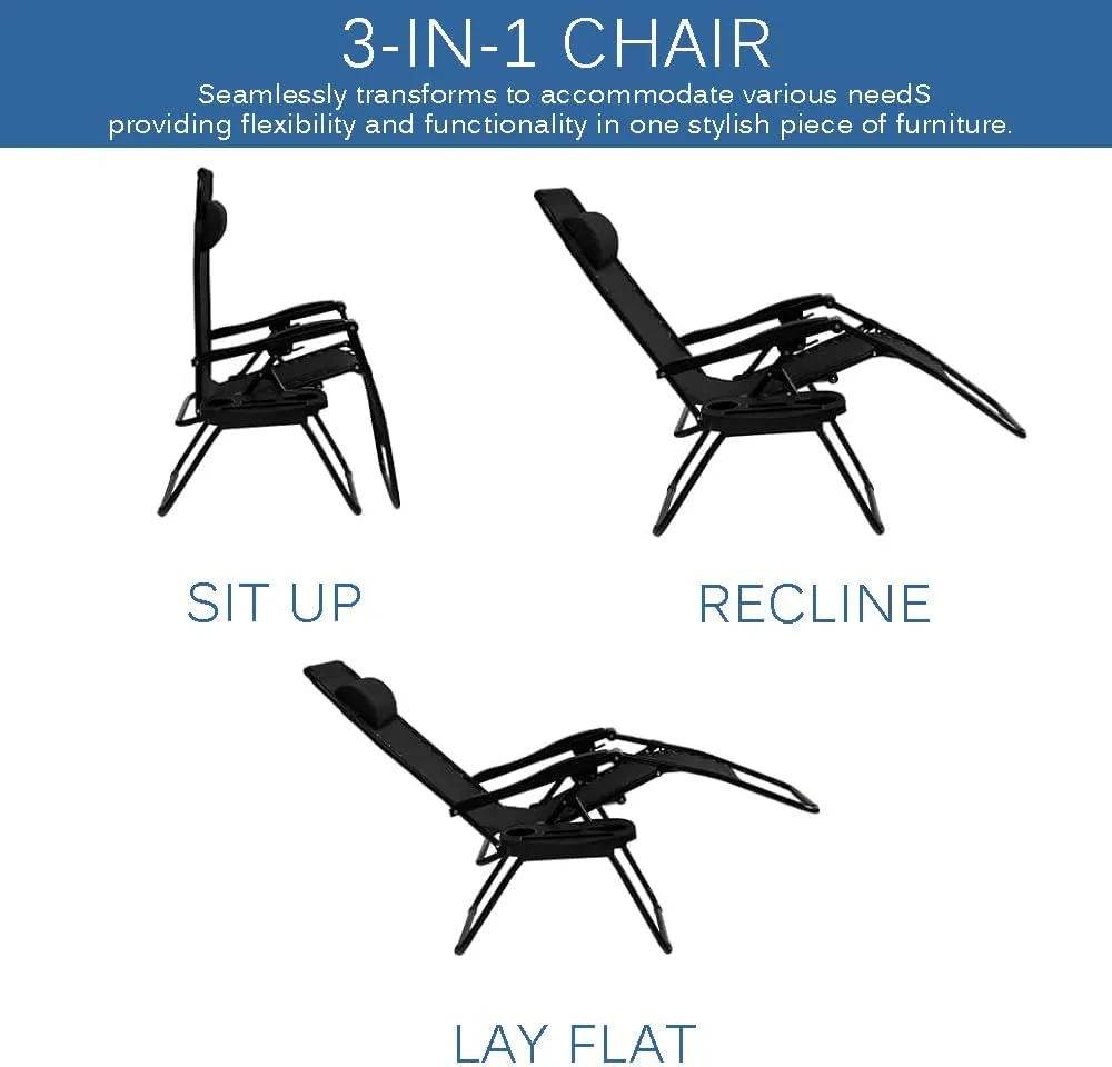 EZONE 1 Chair Zero Gravity Lounge Chairs Outdoor Adjustable Reclining Patio Chair Steel Mesh Folding Recliner for Pool Beach Camping Lounge Chair with Pillows and Cup Tray (1, Black)