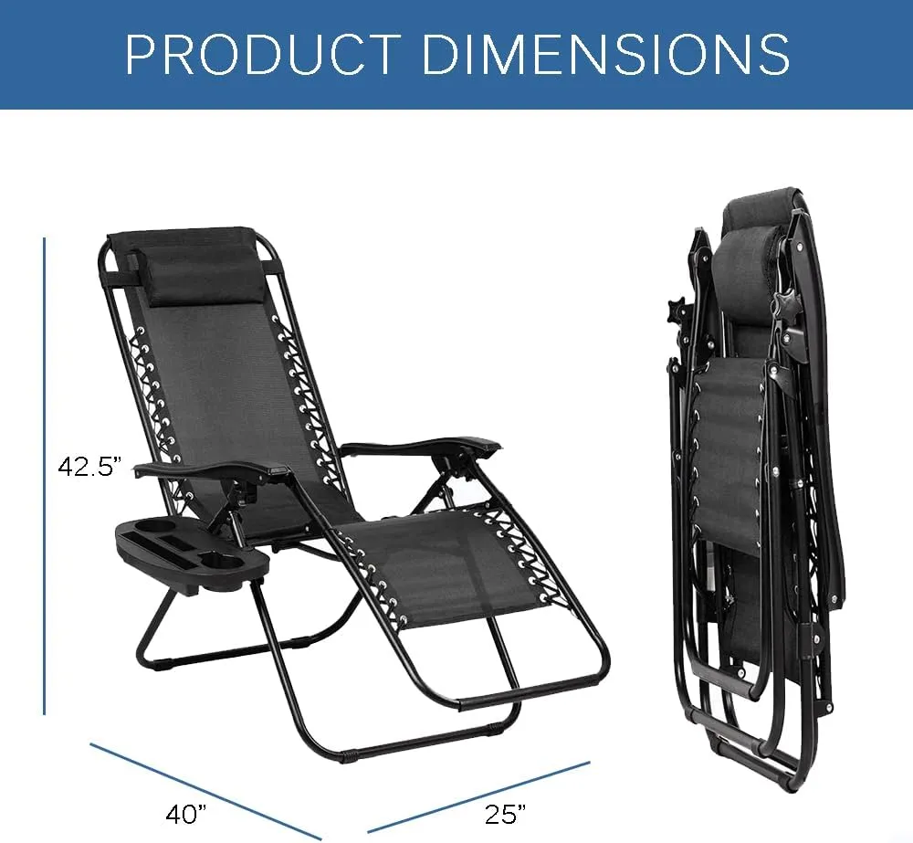 EZONE 1 Chair Zero Gravity Lounge Chairs Outdoor Adjustable Reclining Patio Chair Steel Mesh Folding Recliner for Pool Beach Camping Lounge Chair with Pillows and Cup Tray (1, Black)