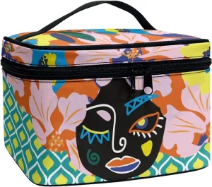 Face Floral Travel Cosmetic Bag for Women Girls Zipper Toiletry Organizer Multi-use Brushes Case with Handle Easy to Clean for Weekend Getaways, Vacations, Weekender