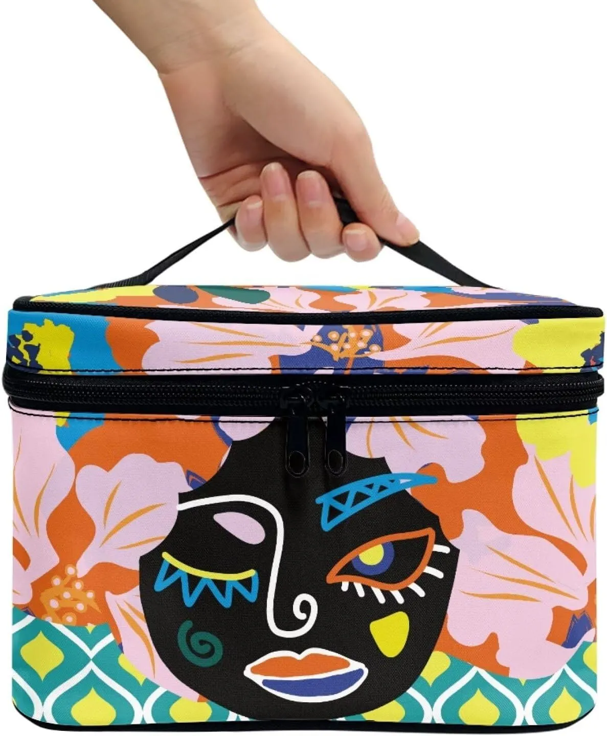 Face Floral Travel Cosmetic Bag for Women Girls Zipper Toiletry Organizer Multi-use Brushes Case with Handle Easy to Clean for Weekend Getaways, Vacations, Weekender