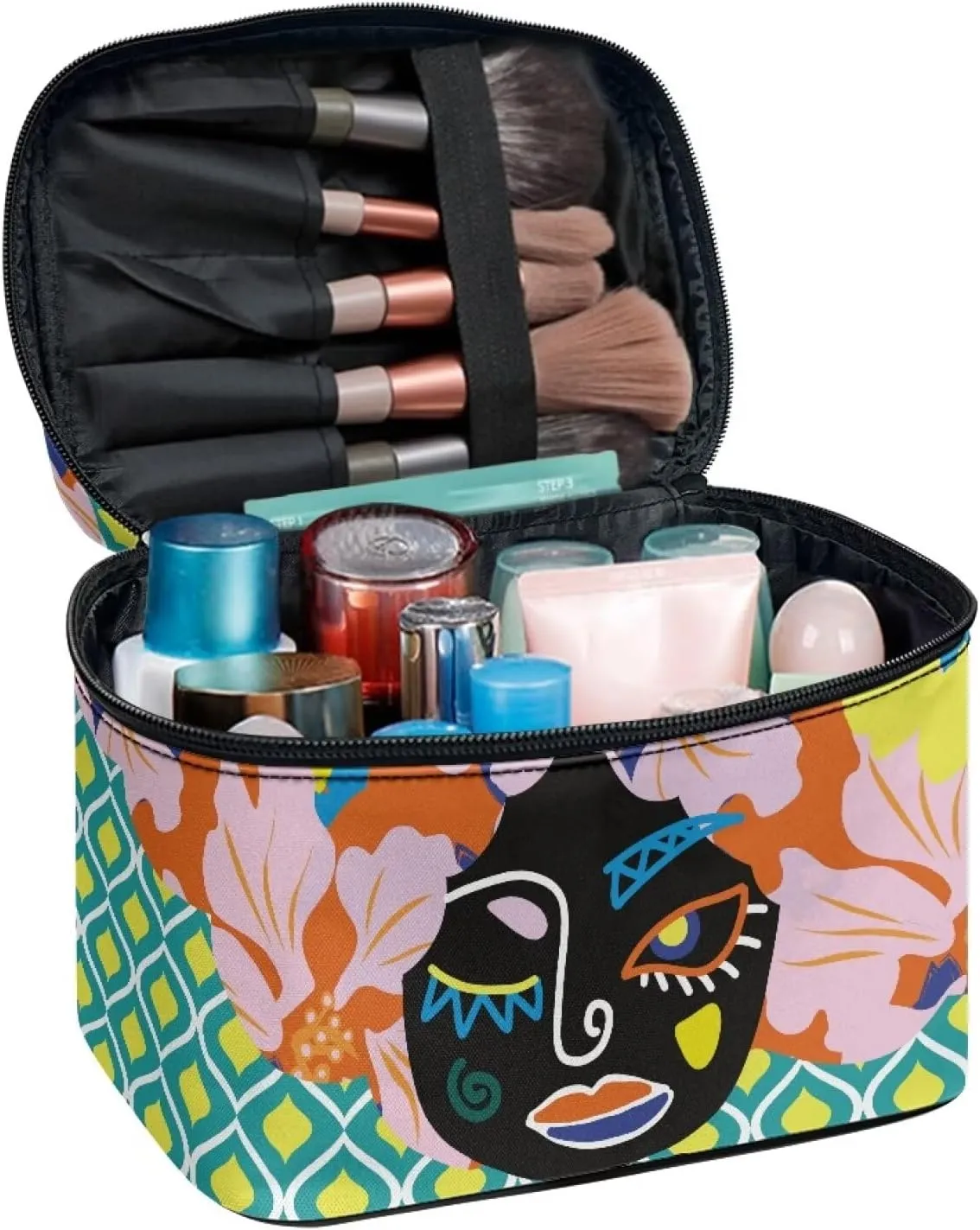 Face Floral Travel Cosmetic Bag for Women Girls Zipper Toiletry Organizer Multi-use Brushes Case with Handle Easy to Clean for Weekend Getaways, Vacations, Weekender
