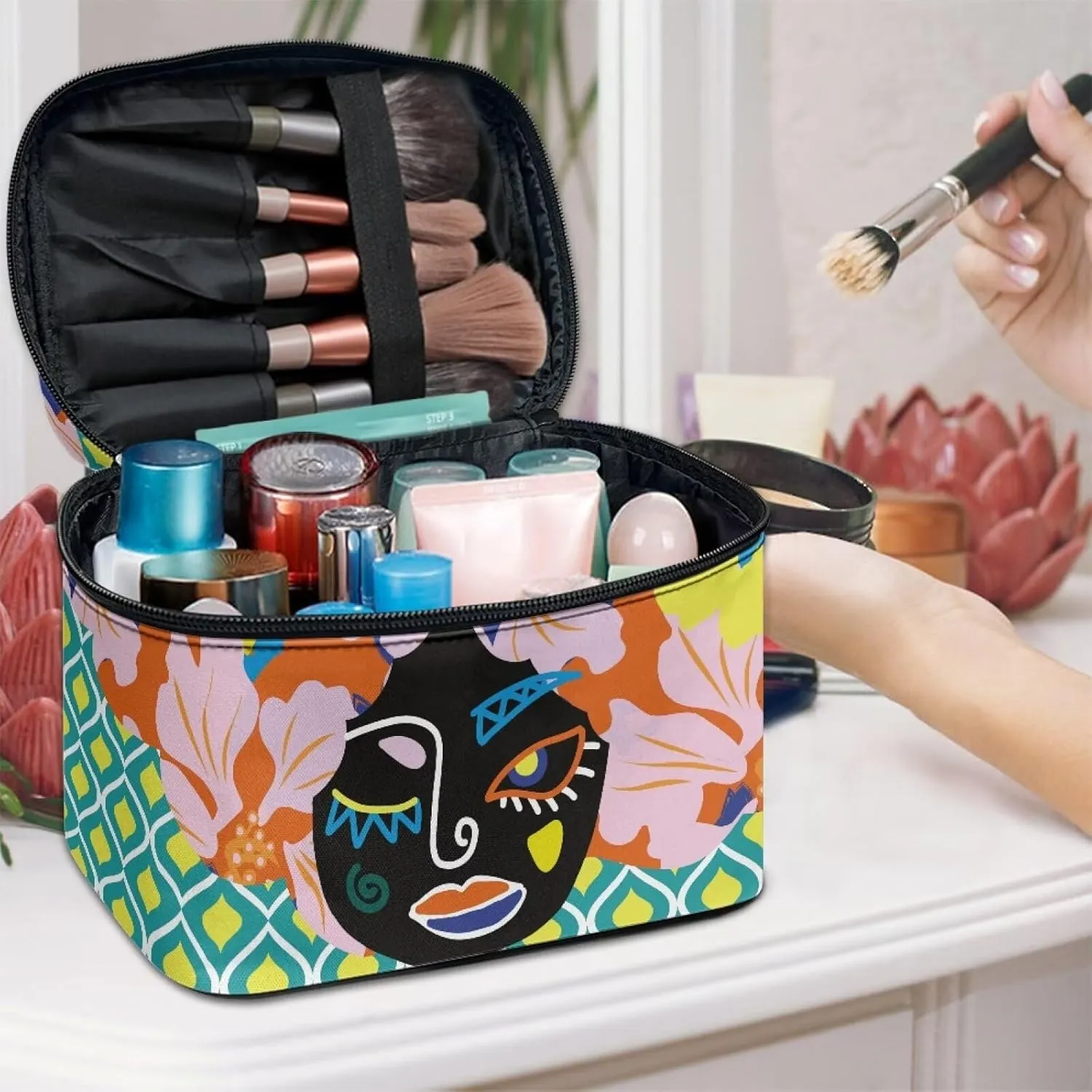 Face Floral Travel Cosmetic Bag for Women Girls Zipper Toiletry Organizer Multi-use Brushes Case with Handle Easy to Clean for Weekend Getaways, Vacations, Weekender