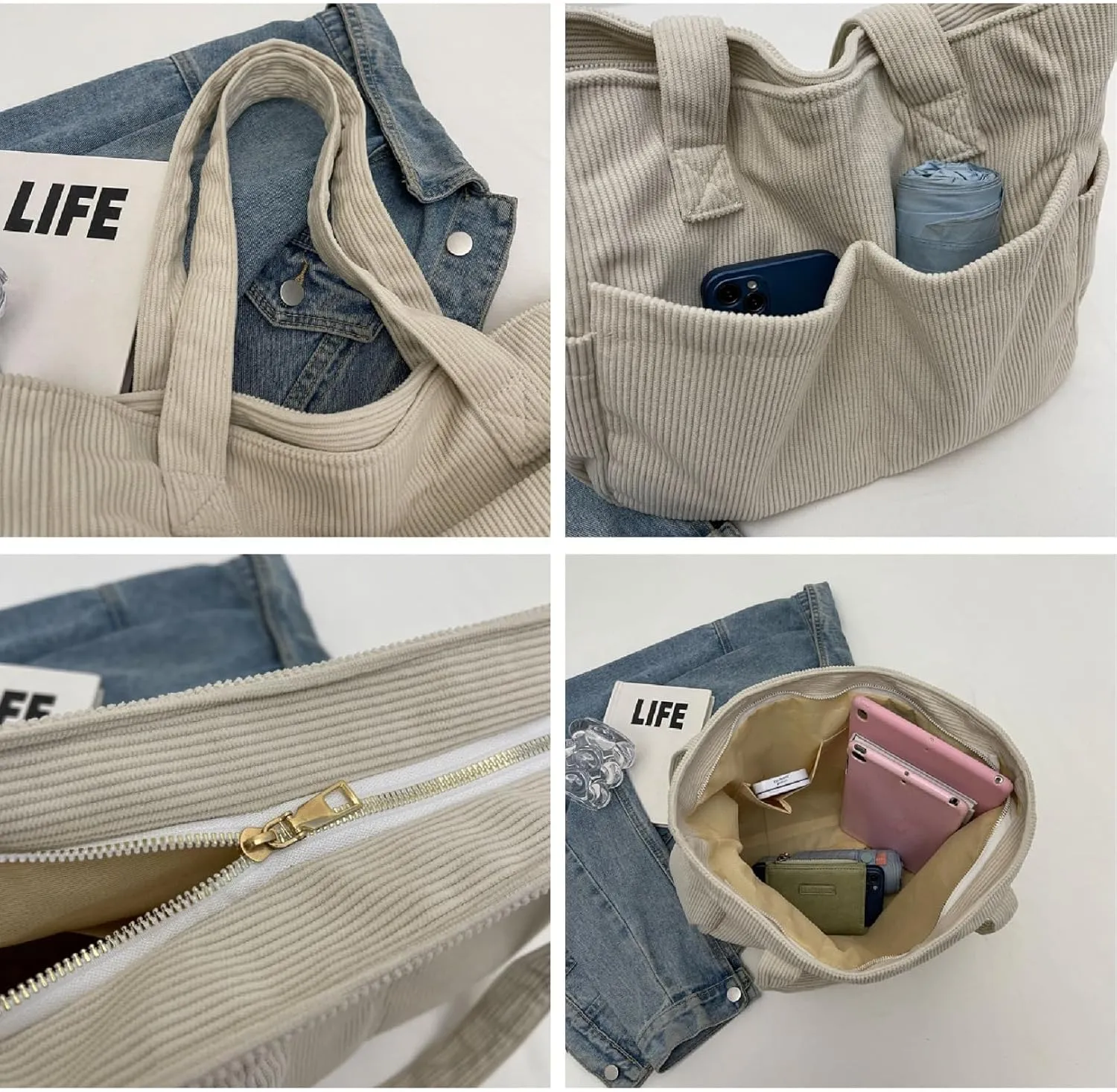 Fall Winter Corduroy Tote Bag Large Capacity Handbag with Multiple Pockets Fashion Shoulder Bag for Women