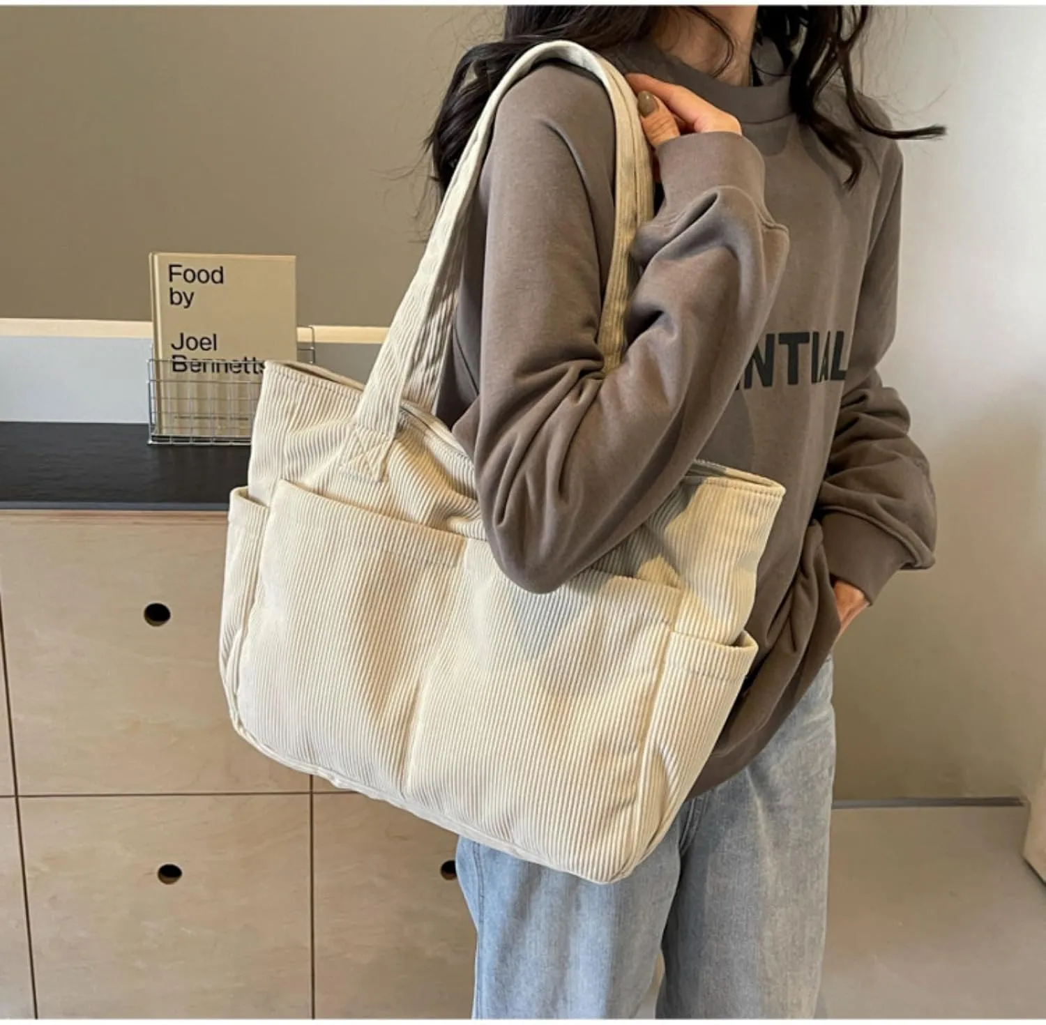 Fall Winter Corduroy Tote Bag Large Capacity Handbag with Multiple Pockets Fashion Shoulder Bag for Women