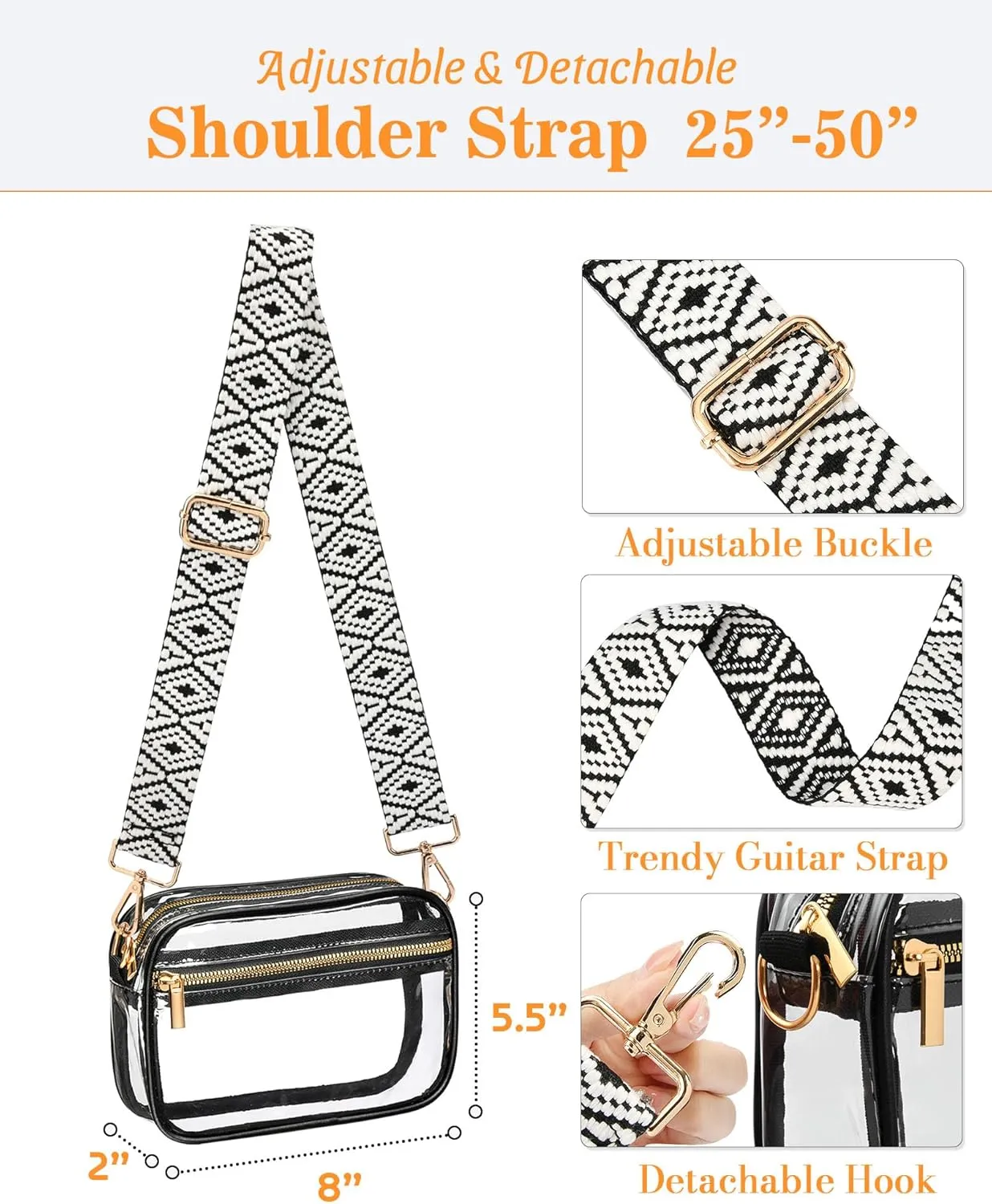 FANGSUN Clear Crossbody Bag Stadium Approved, Clear Purse for Women, Transparent Shoulder Messenger Handbag for Concert Sport