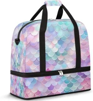 Fantasy Mermaid Scales Travel Duffel Bag for Women Men, Colorful Fish Scale Sports Gym Bag with Shoes Compartment Foldable Overnight Bag Weekender Tote Workout Carry On Luggage Bag
