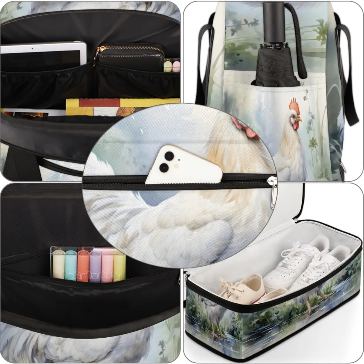 Farm Rooster Hens Chickens Foldable Travel Duffel Bag Overnight Weekender Bag with Shoes Compartment Sports Gym Bag for Men Women