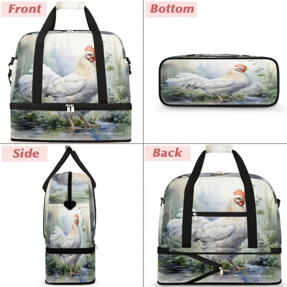 Farm Rooster Hens Chickens Foldable Travel Duffel Bag Overnight Weekender Bag with Shoes Compartment Sports Gym Bag for Men Women