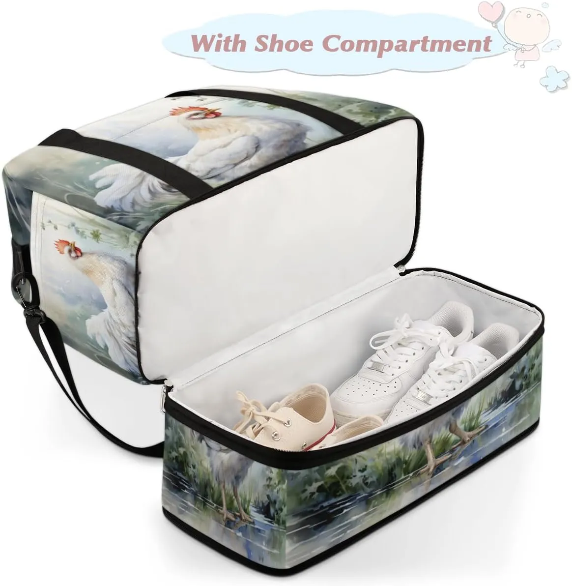 Farm Rooster Hens Chickens Foldable Travel Duffel Bag Overnight Weekender Bag with Shoes Compartment Sports Gym Bag for Men Women