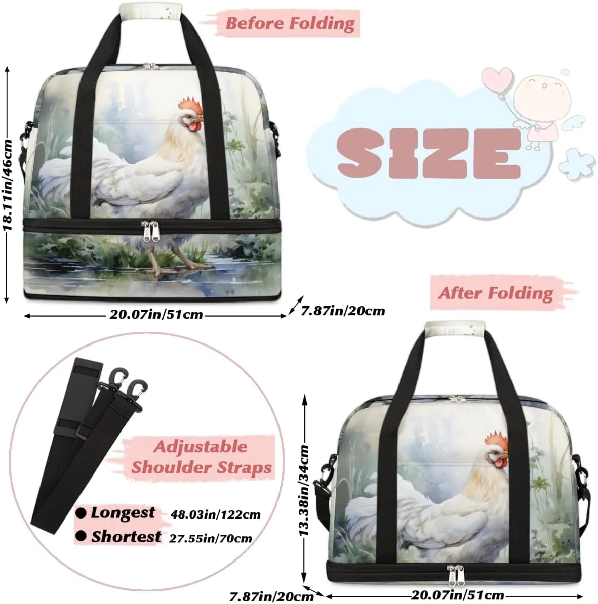 Farm Rooster Hens Chickens Foldable Travel Duffel Bag Overnight Weekender Bag with Shoes Compartment Sports Gym Bag for Men Women