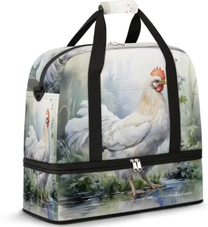 Farm Rooster Hens Chickens Foldable Travel Duffel Bag Overnight Weekender Bag with Shoes Compartment Sports Gym Bag for Men Women