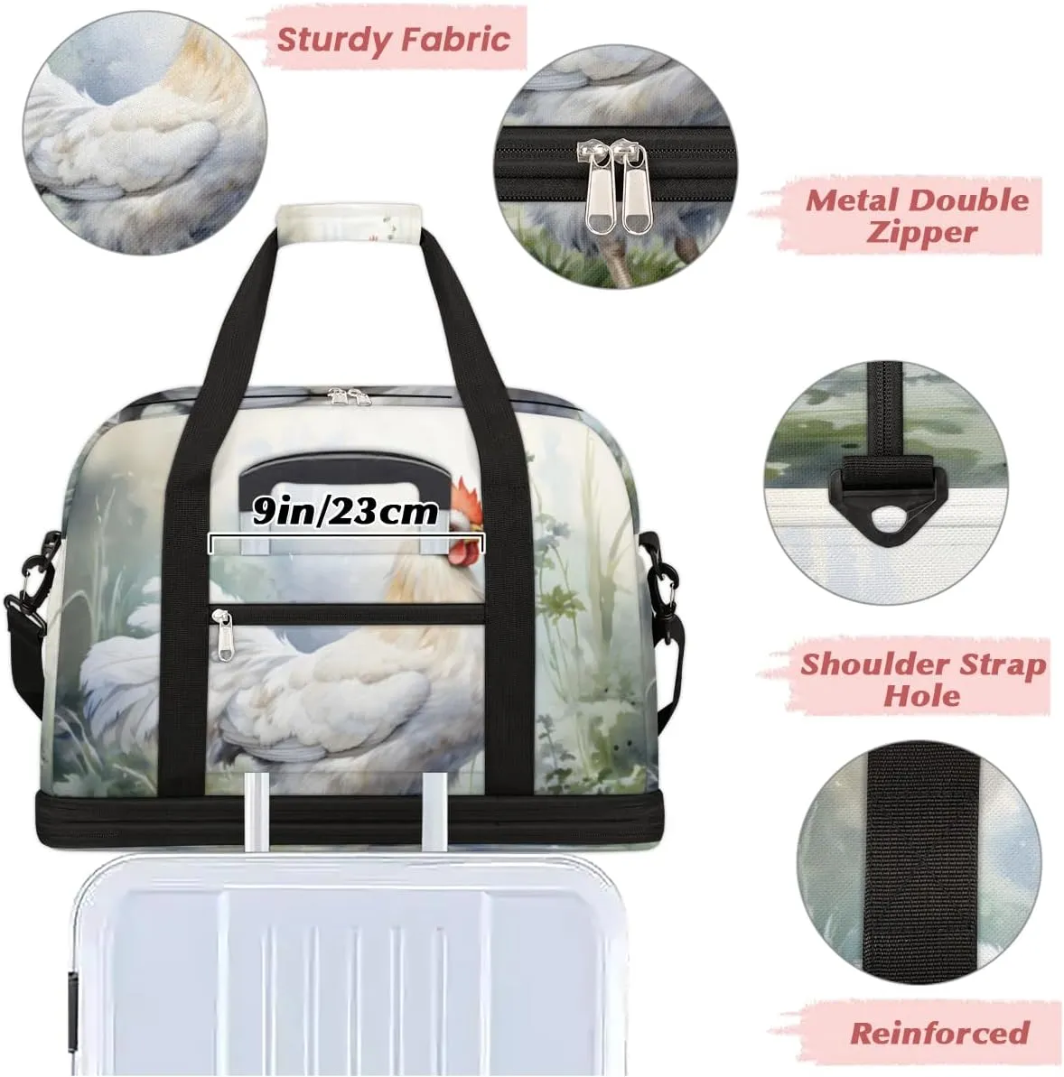Farm Rooster Hens Chickens Foldable Travel Duffel Bag Overnight Weekender Bag with Shoes Compartment Sports Gym Bag for Men Women