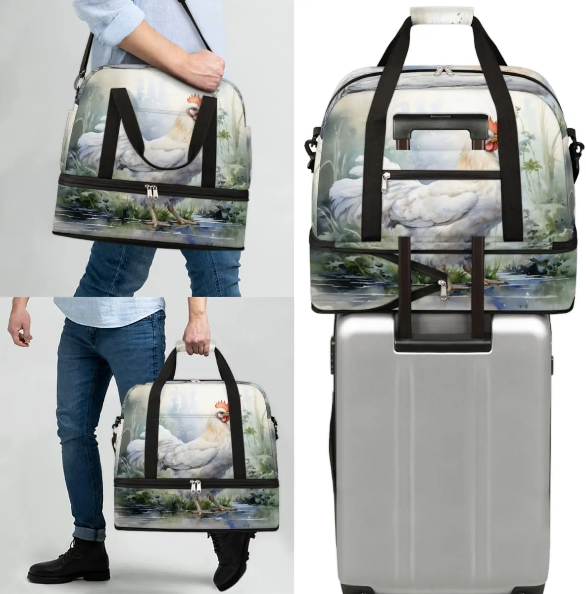 Farm Rooster Hens Chickens Foldable Travel Duffel Bag Overnight Weekender Bag with Shoes Compartment Sports Gym Bag for Men Women