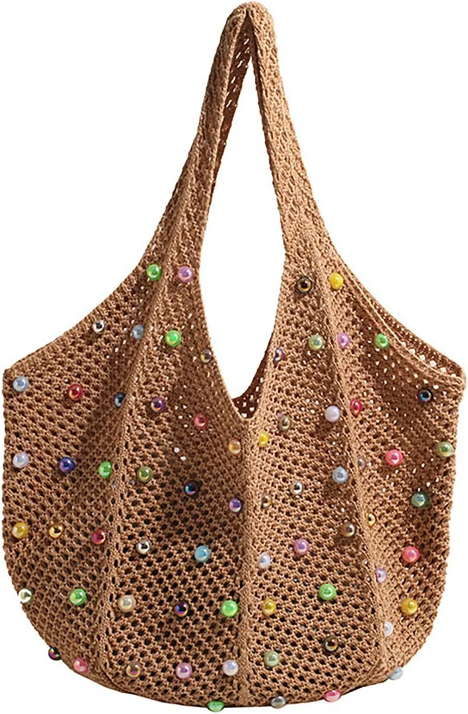 Fashion Boho Crochet Beach Handbag Bag with Colored Beads Large Capacity Women Casual Hollow Knitted Shoulder Bag