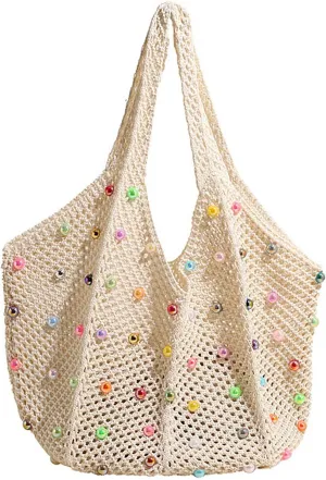 Fashion Boho Crochet Beach Handbag Bag with Colored Beads Large Capacity Women Casual Hollow Knitted Shoulder Bag