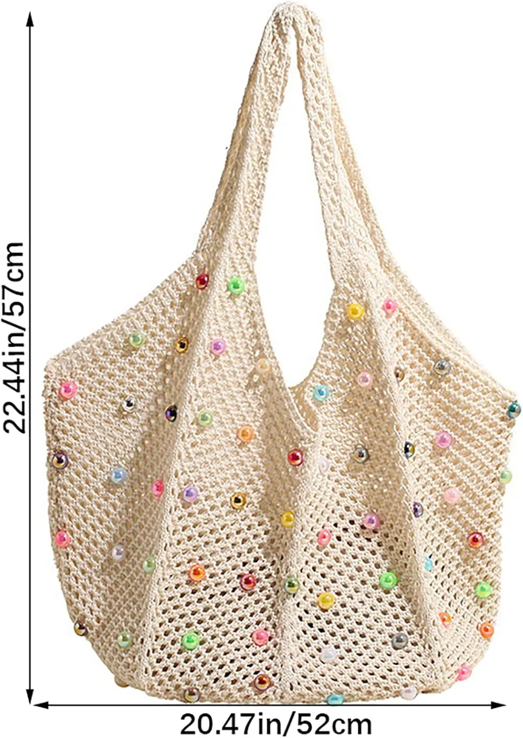 Fashion Boho Crochet Beach Handbag Bag with Colored Beads Large Capacity Women Casual Hollow Knitted Shoulder Bag