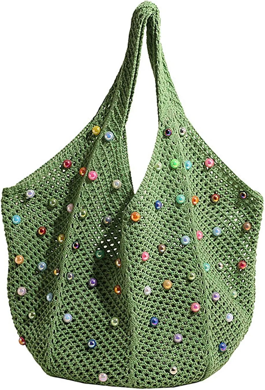 Fashion Boho Crochet Beach Handbag Bag with Colored Beads Large Capacity Women Casual Hollow Knitted Shoulder Bag