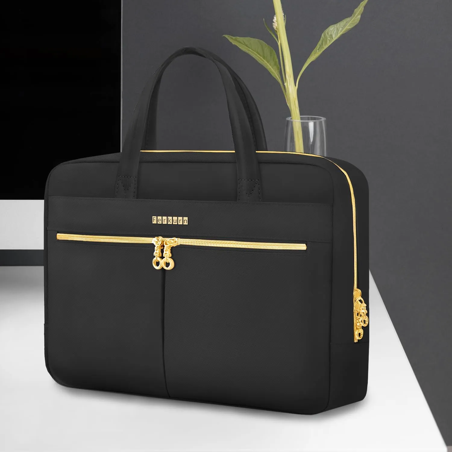 Ferkurn Laptop Bag Case Women Men Computer Bag Compatible with MacBook/HP/LG/Dell, Shoulder Strap Slim Carrying Messenger Briefcase, Black, 14 Inch