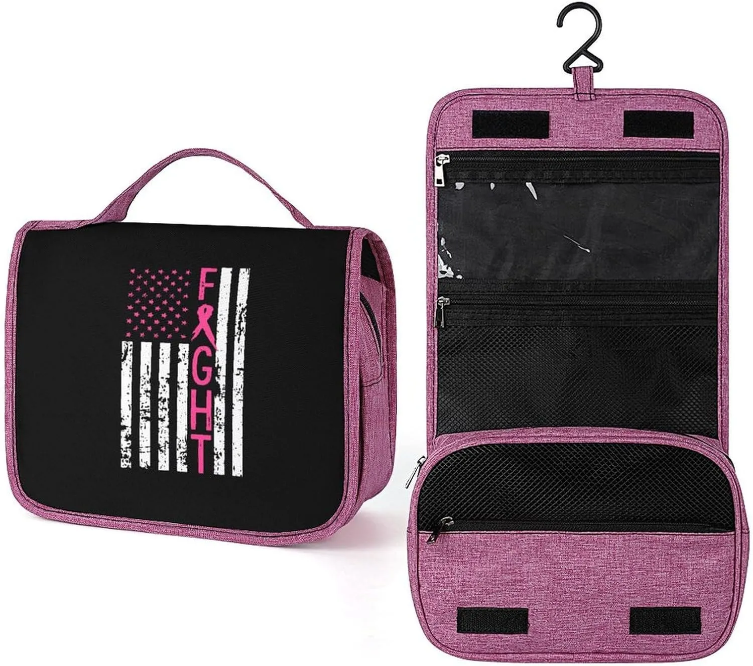 Fight Breast Cancer Flag Makeup Bag Travel Toiletry Bag Waterproof Cosmetic Bag with Portable Hook Handbag, style, 20240328