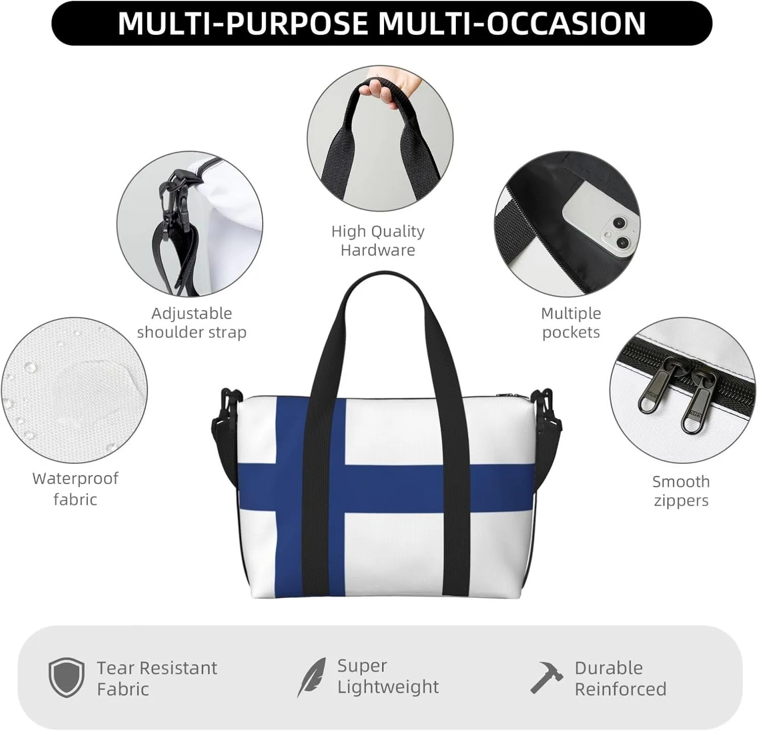 Finnish Flag Small Duffel Bag Foldable Travel Bag Weekender Bag Overnight Gym Hospital Bags For Women&Men