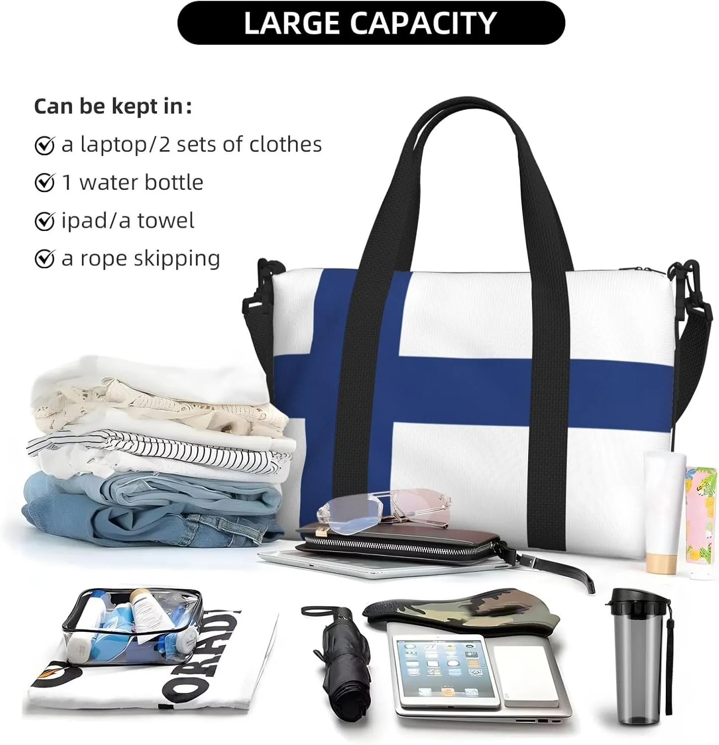 Finnish Flag Small Duffel Bag Foldable Travel Bag Weekender Bag Overnight Gym Hospital Bags For Women&Men