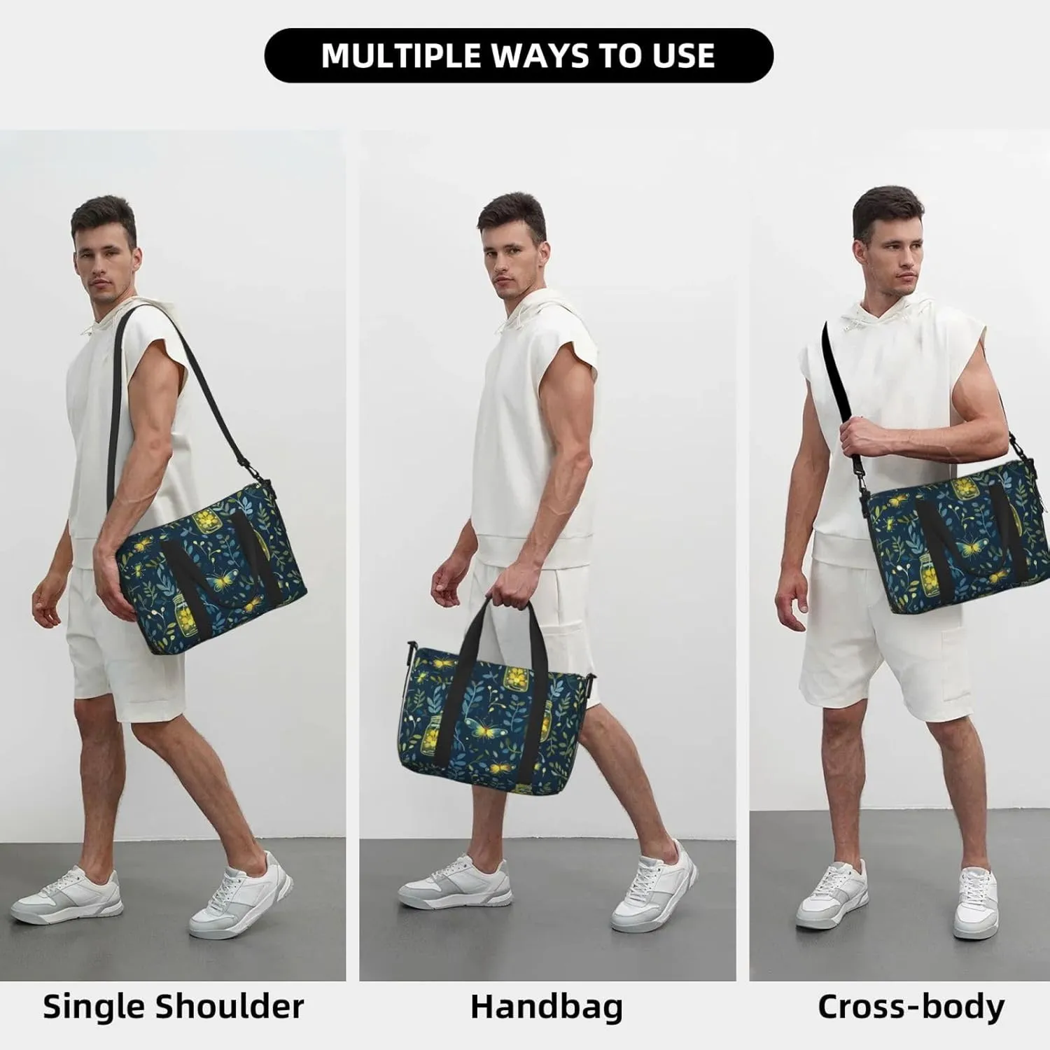fireflies and mason jars print Travel Duffel Bag, Sports Tote Gym Bag, Swim Pool Bag Large Shoulder Tote Bag for Beach Weekender, 202-406-121