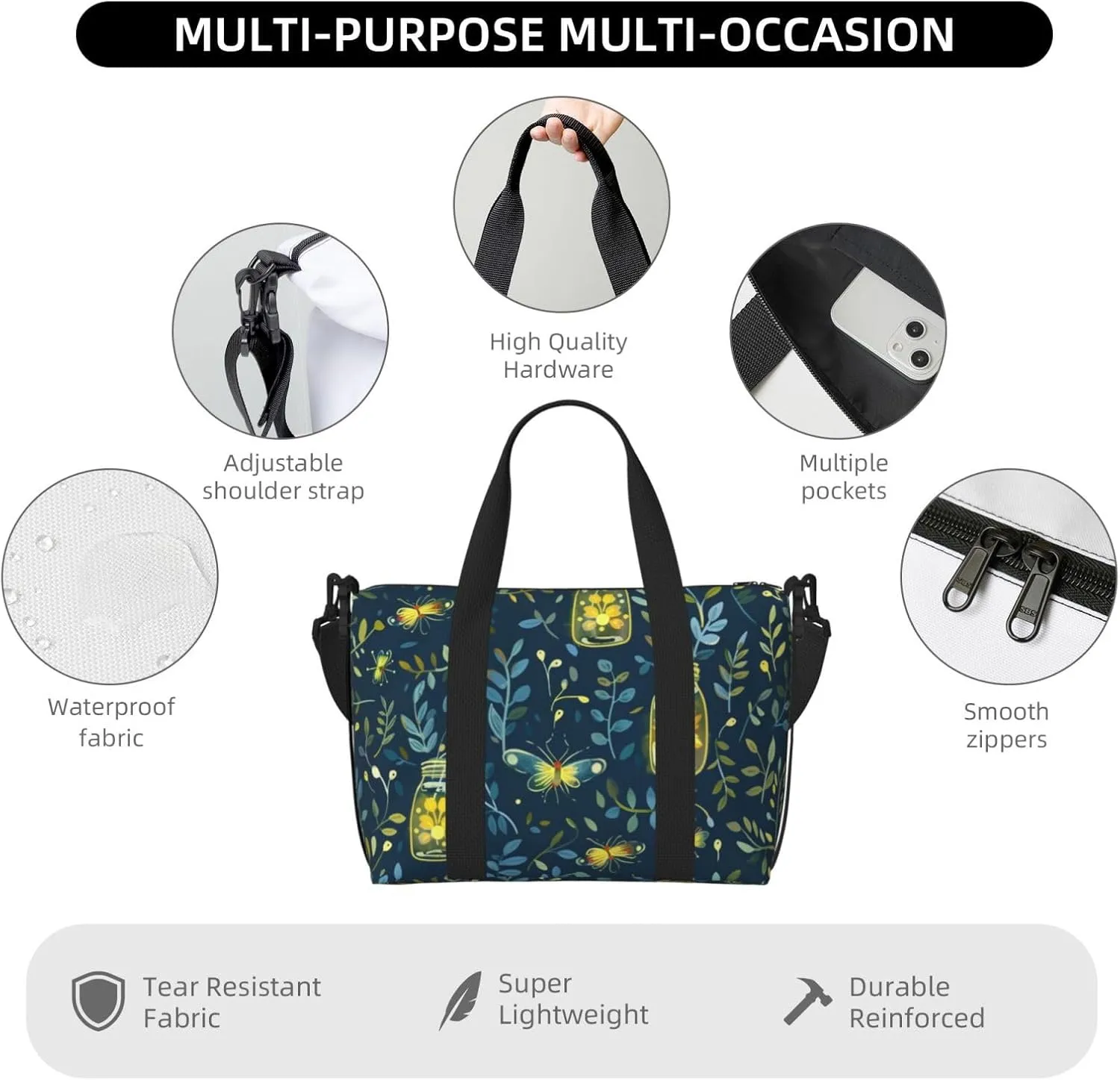 fireflies and mason jars print Travel Duffel Bag, Sports Tote Gym Bag, Swim Pool Bag Large Shoulder Tote Bag for Beach Weekender, 202-406-121