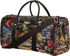Fireplace Christmas Gift Travel Duffel Bag for Women Men Small Sport Gym Bag Waterproof Weekender Overnight Lightweight Carry on Foldable Gym Bag for Training Swim Yoga Traveling Handbag