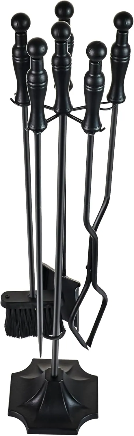 Fireplace Tool Set 5 PCS Black Wrought Iron Fire Tools Set Outdoor/Indoor, Large Fireplace Accessories Kit with Stand, Fire Poker, Shovel,Tongs for Indoor Modern Chimney, Wood Stove, Outdoor Fire Pit