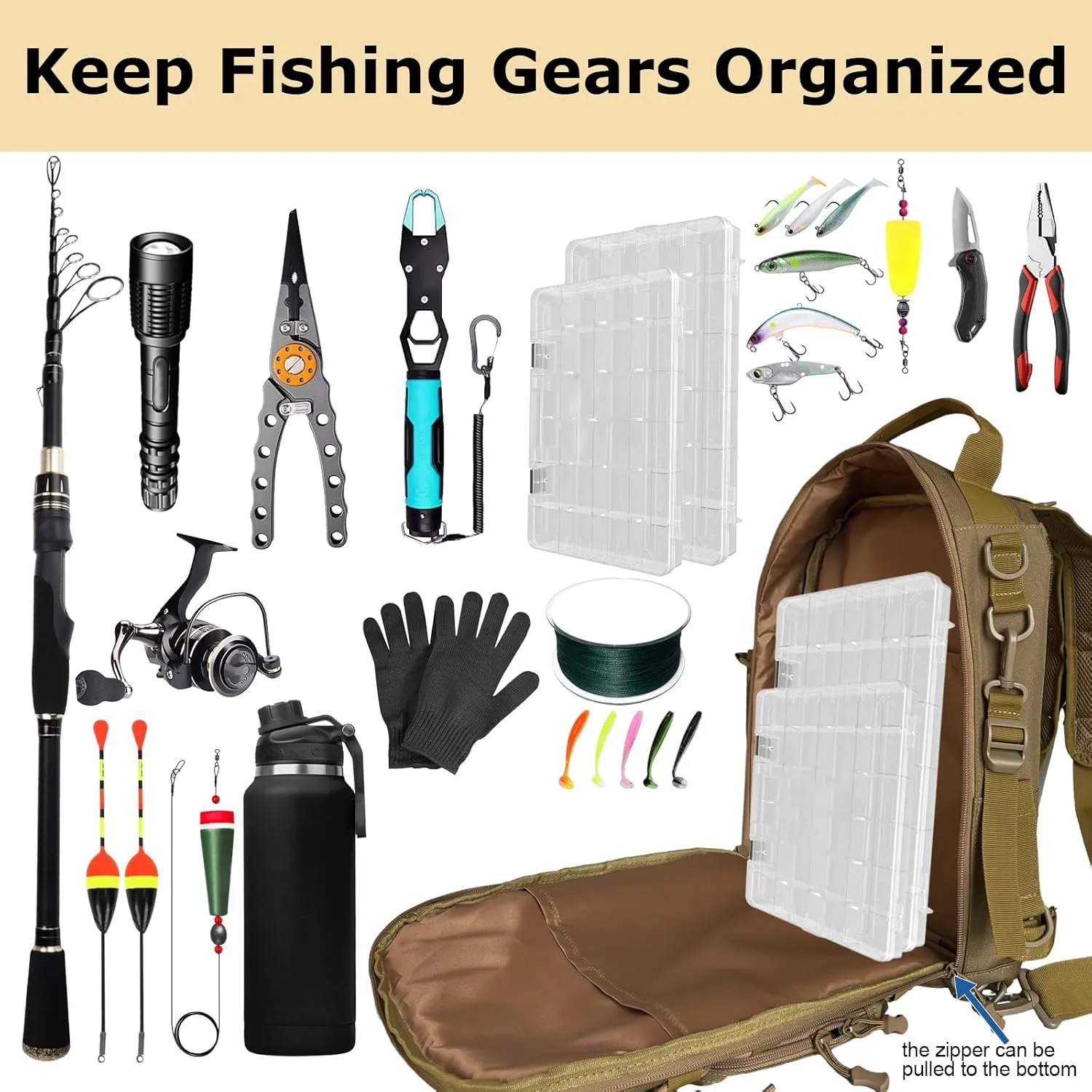 Fishing Backpack with Rod Holder Tackle Box Backpack, Fishing Tackle Bag for Fishing Gear Sling Tackle Storage Bag