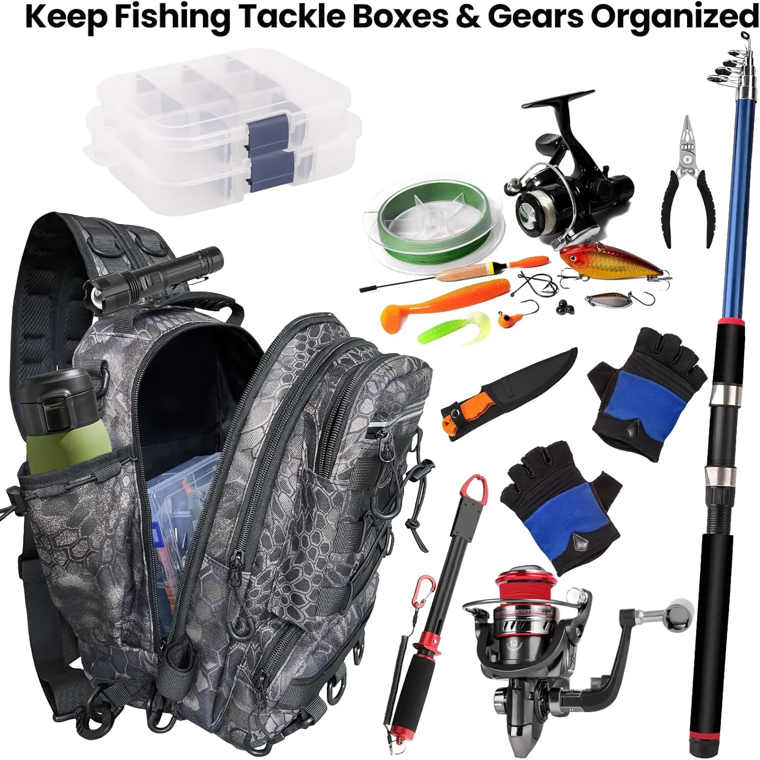 Fishing Backpack with Rod Holder Tackle Box Backpack, Fishing Tackle Bag for Fishing Gear Sling Tackle Storage Bag