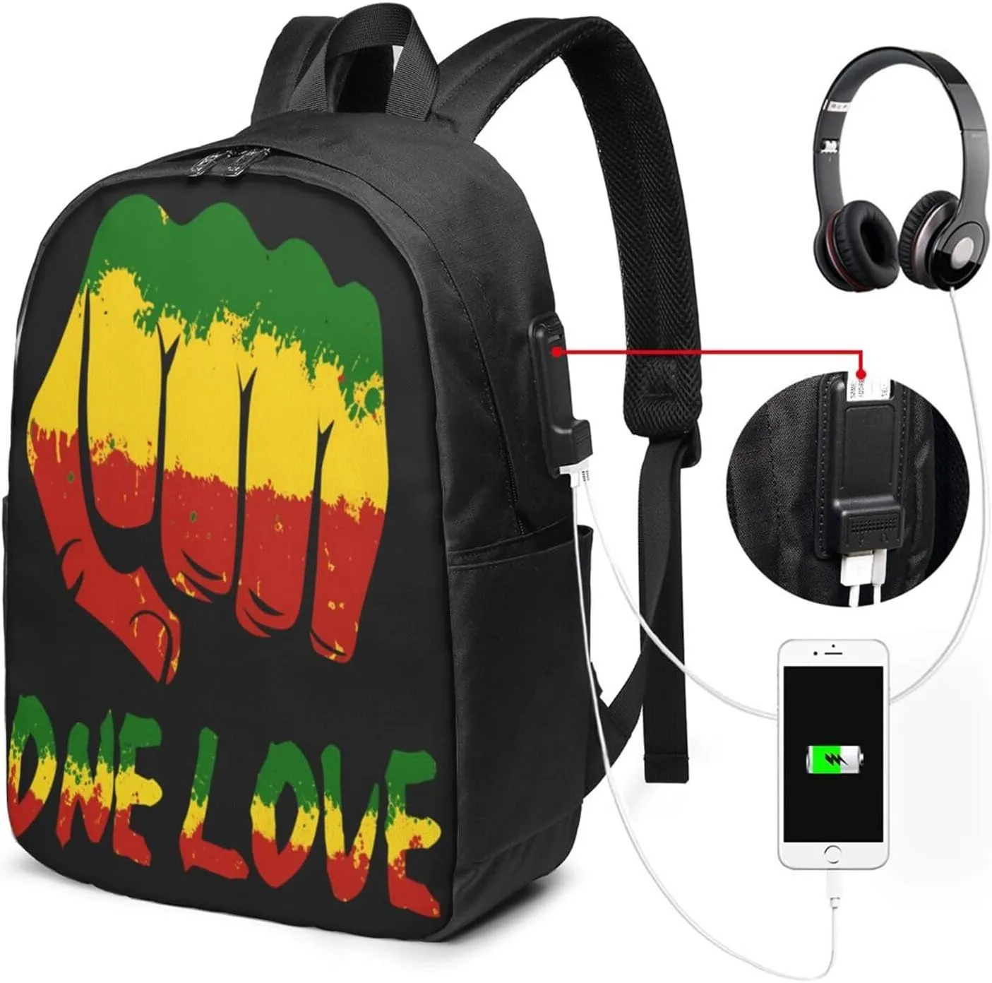 Fist One Loves Rasta Reggae Jamaica Roots Backpack 17 Inch Laptop Backpacks Outdoor Travel Rucksack Work Business Daypack with USB Port Carry On Bag for Cycling Hiking