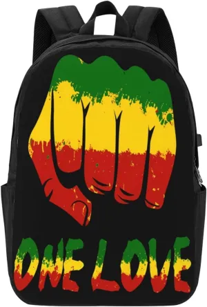 Fist One Loves Rasta Reggae Jamaica Roots Backpack 17 Inch Laptop Backpacks Outdoor Travel Rucksack Work Business Daypack with USB Port Carry On Bag for Cycling Hiking