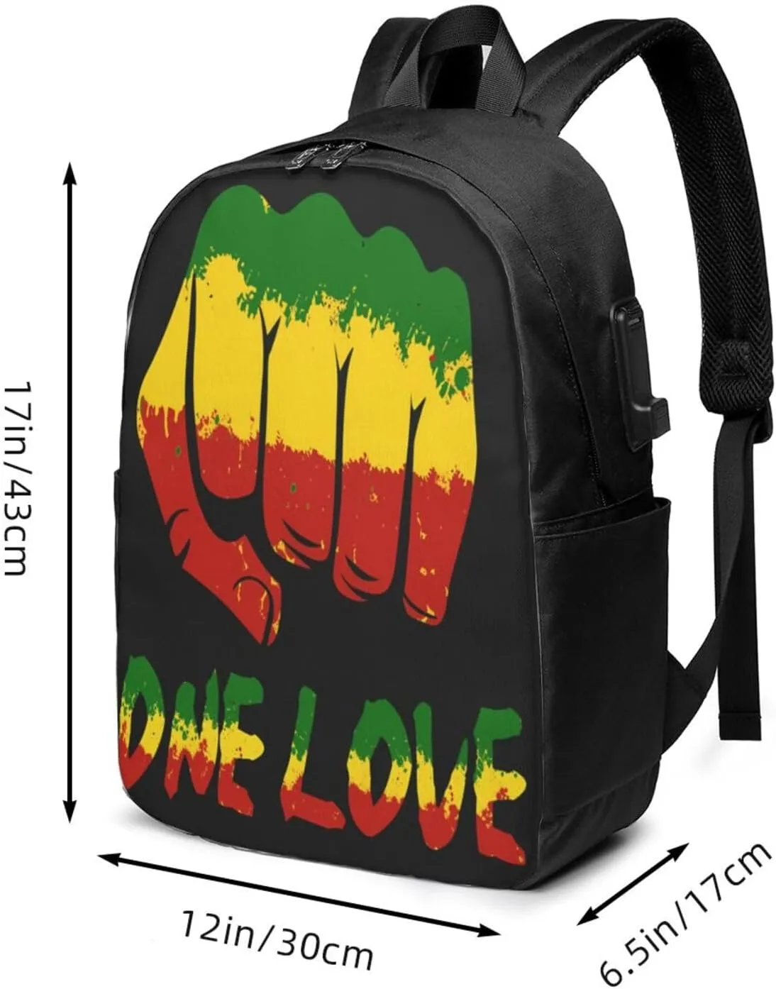 Fist One Loves Rasta Reggae Jamaica Roots Backpack 17 Inch Laptop Backpacks Outdoor Travel Rucksack Work Business Daypack with USB Port Carry On Bag for Cycling Hiking