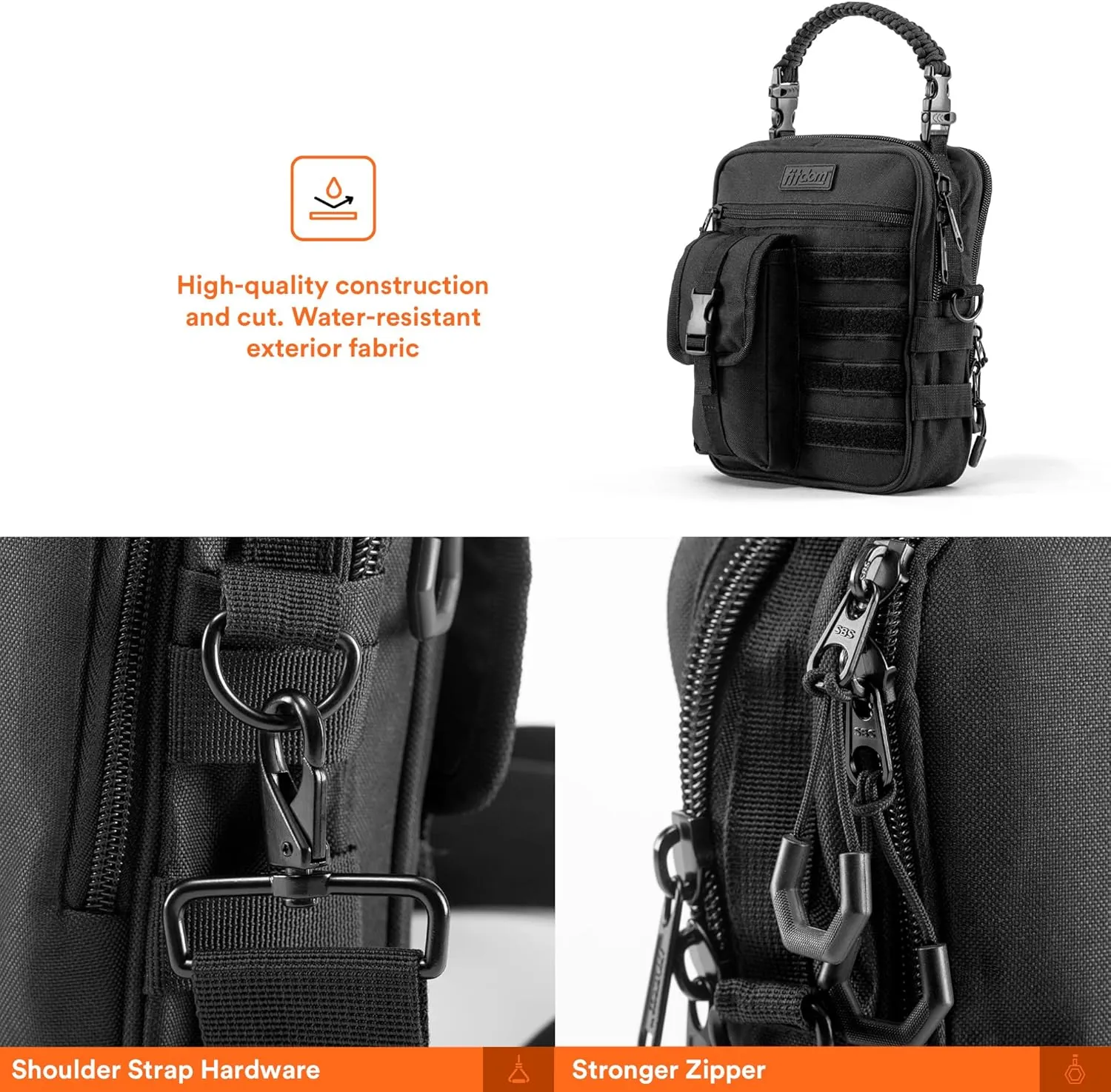 Fitdom Black Small Tactical Messenger Bag For Men. This EDC Has Multiple Ways to Carry as Sling, Shoulder, Crossbody, Waist.