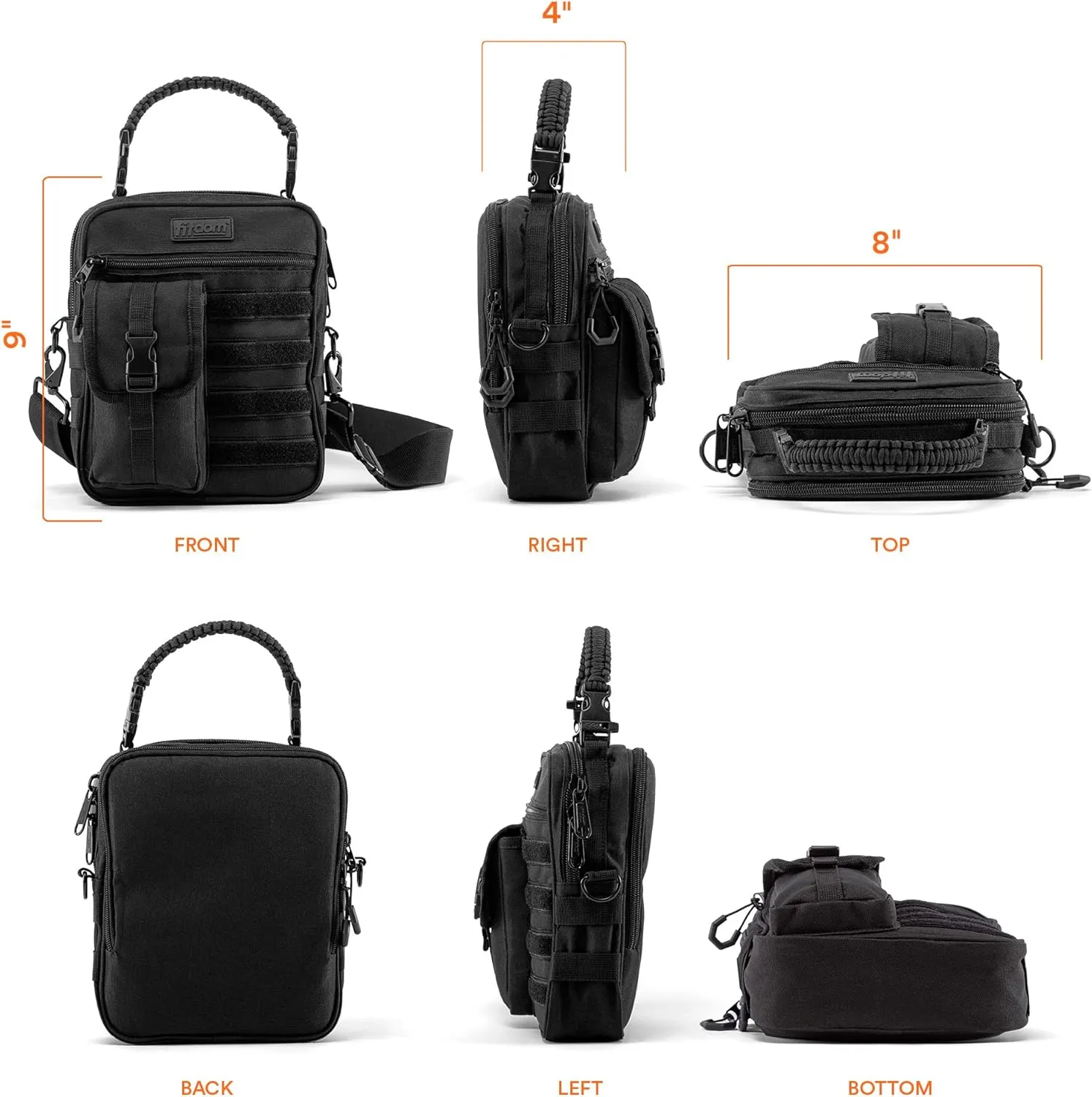 Fitdom Black Small Tactical Messenger Bag For Men. This EDC Has Multiple Ways to Carry as Sling, Shoulder, Crossbody, Waist.