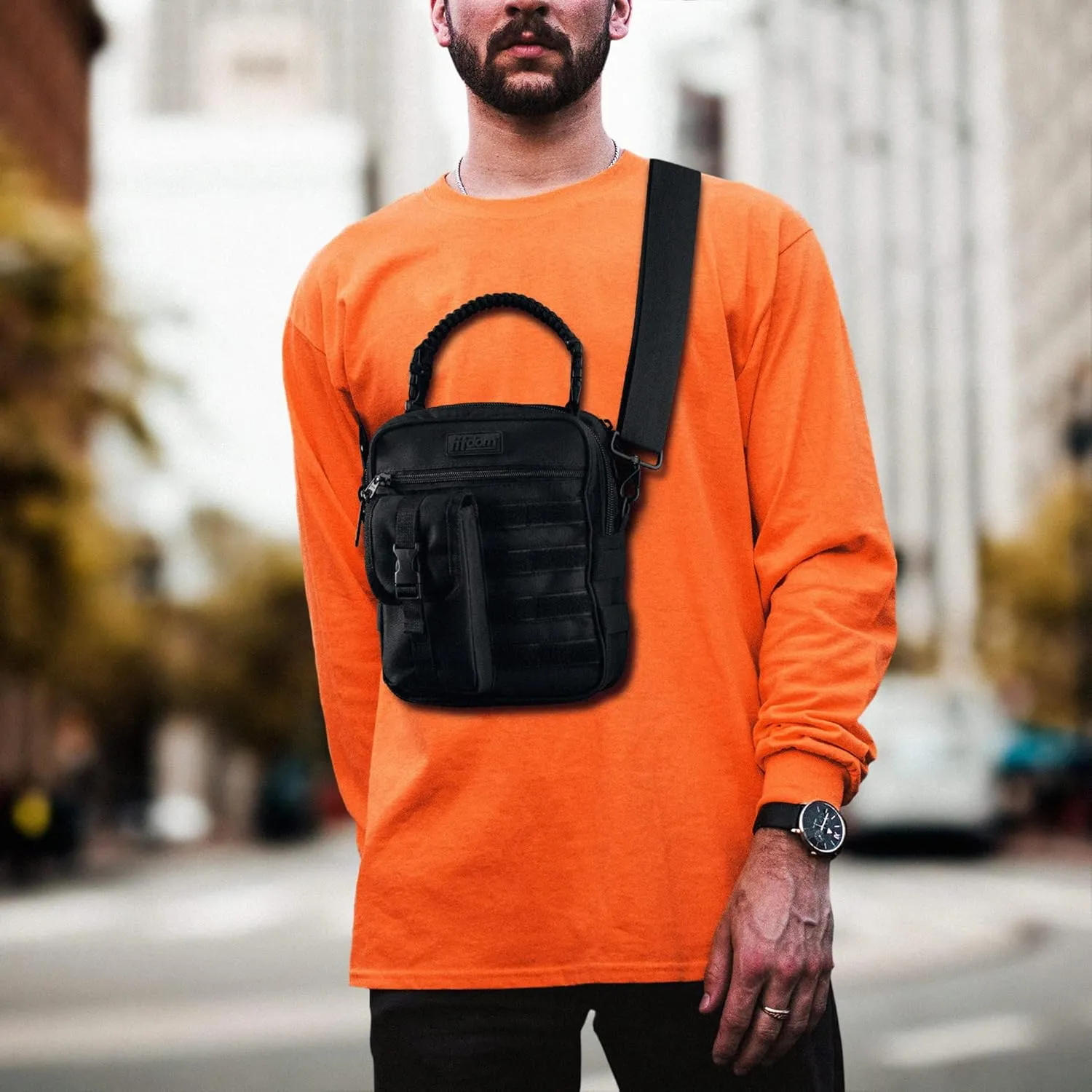 Fitdom Black Small Tactical Messenger Bag For Men. This EDC Has Multiple Ways to Carry as Sling, Shoulder, Crossbody, Waist.
