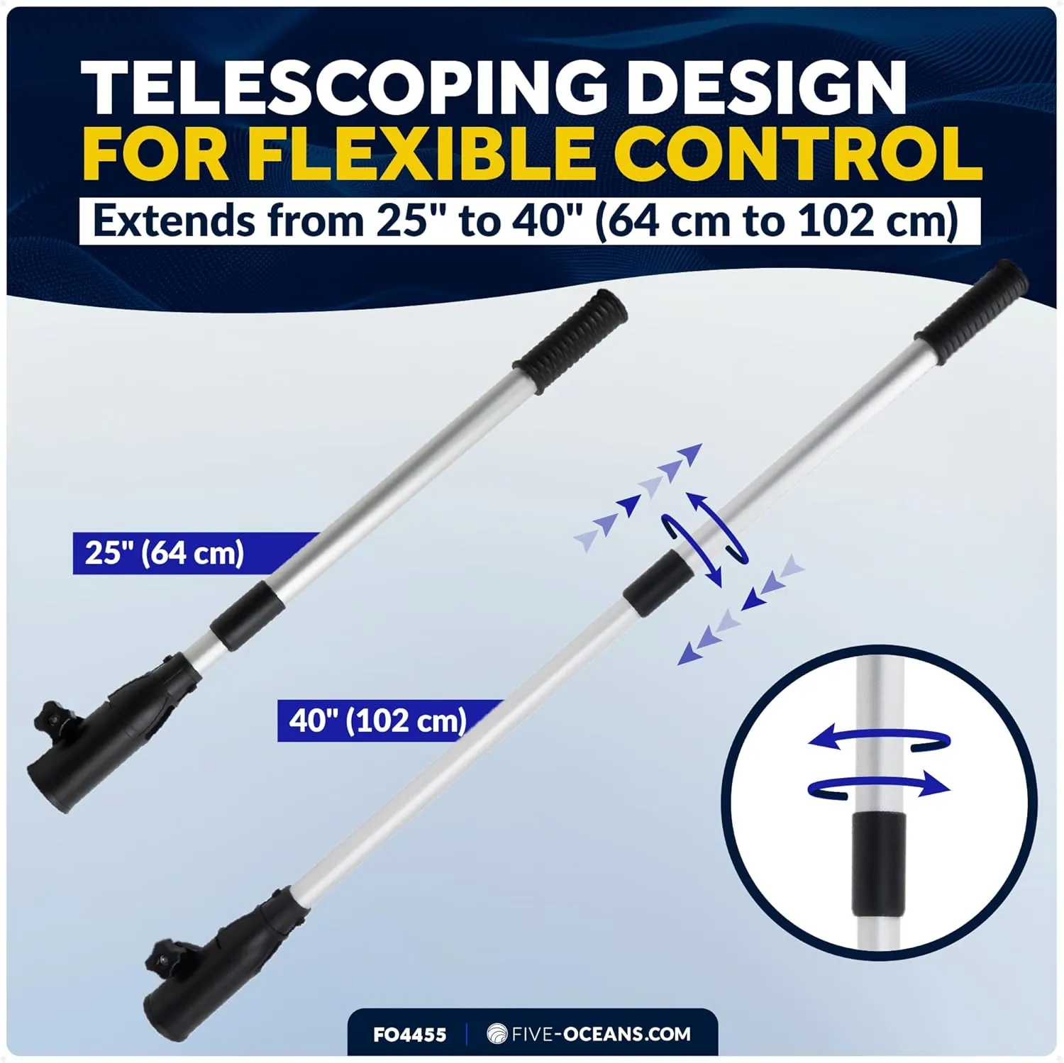 Five Oceans Tiller Extension for Outboard, Outboard Extension Handle Telescopic, Extends from 25" to 40", Aluminum Tubing with Plastic Black Handle, Ergonomic Grip - FO4455