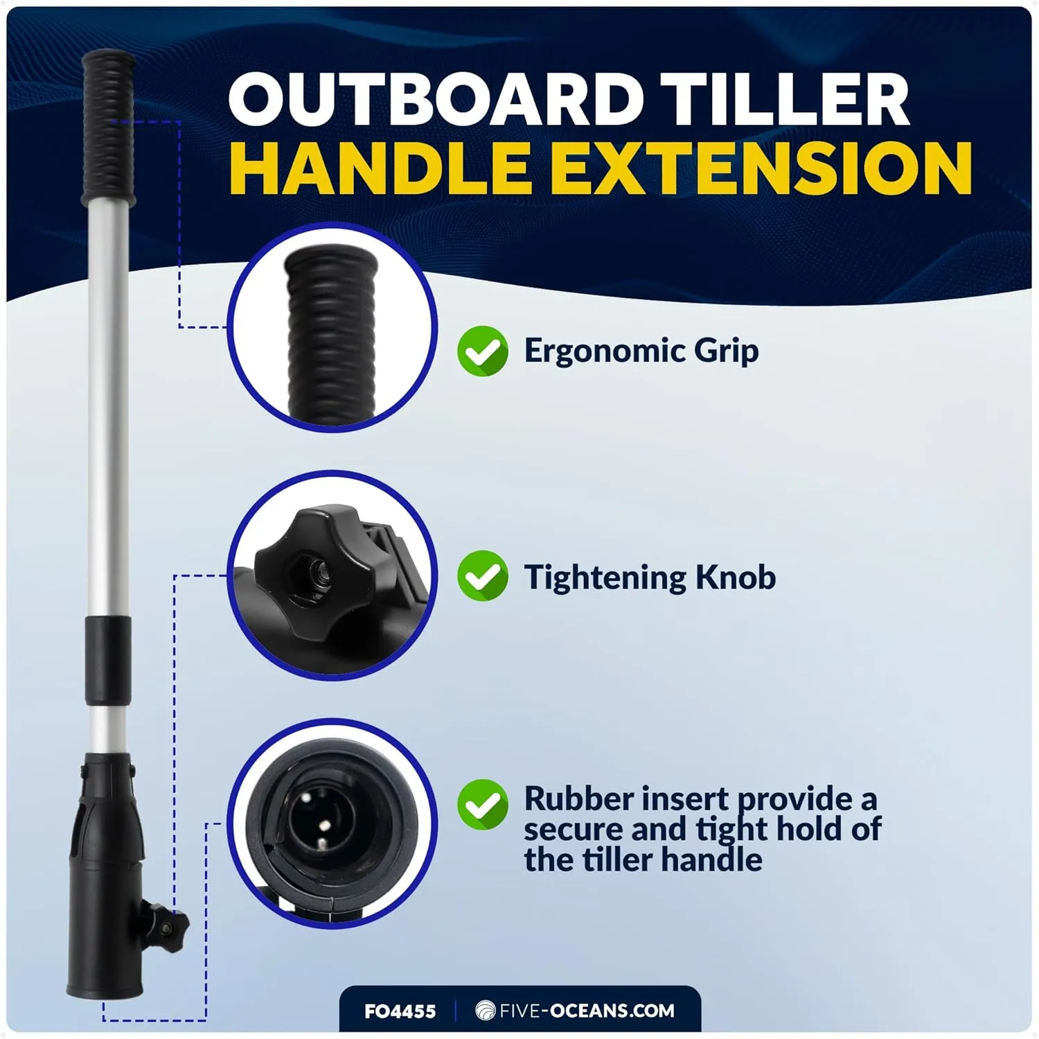 Five Oceans Tiller Extension for Outboard, Outboard Extension Handle Telescopic, Extends from 25" to 40", Aluminum Tubing with Plastic Black Handle, Ergonomic Grip - FO4455