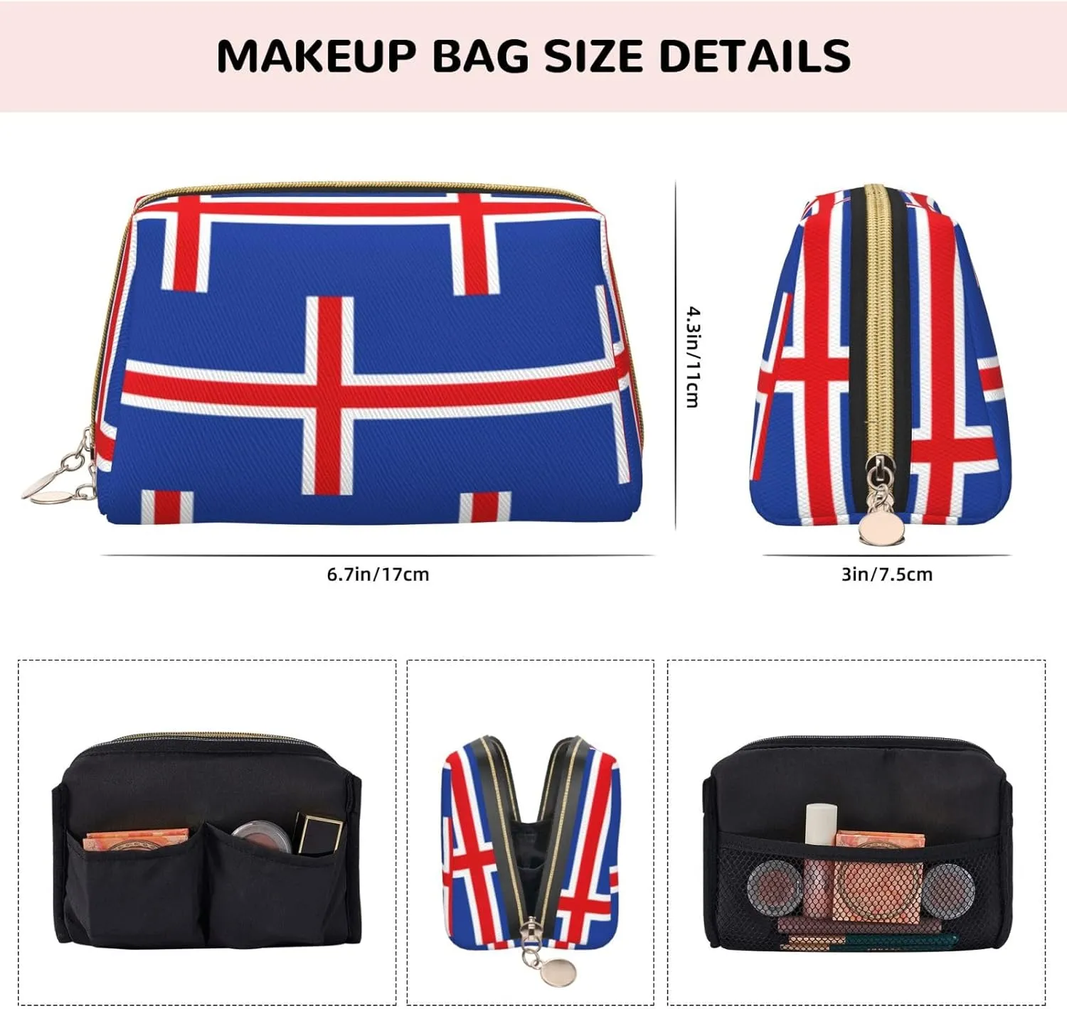Flag Of Iceland Toiletry Travel Bag, Portable Cosmetic Organizer For Women, On-The-Go