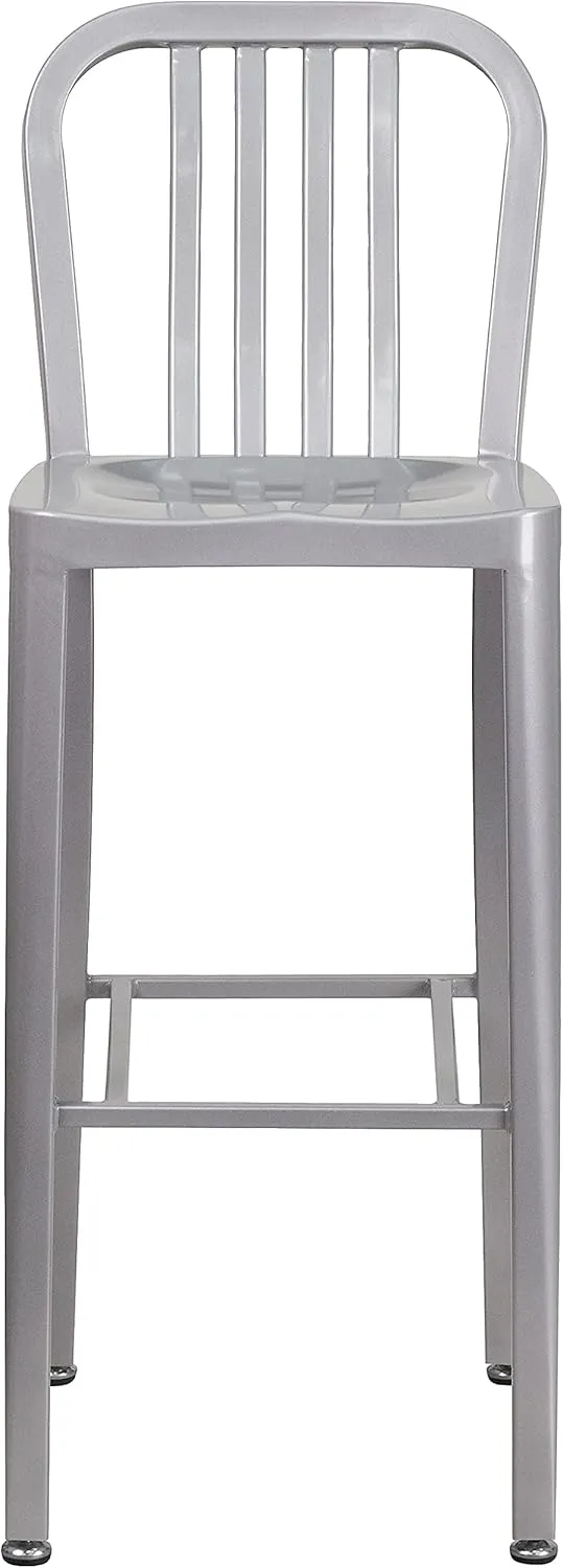 Flash Furniture Gael 30" Commercial Metal Barstools with Footrest, Vertical Slat Back Bar Height Stools for Restaurants and Kitchens, Set of 2, Silver
