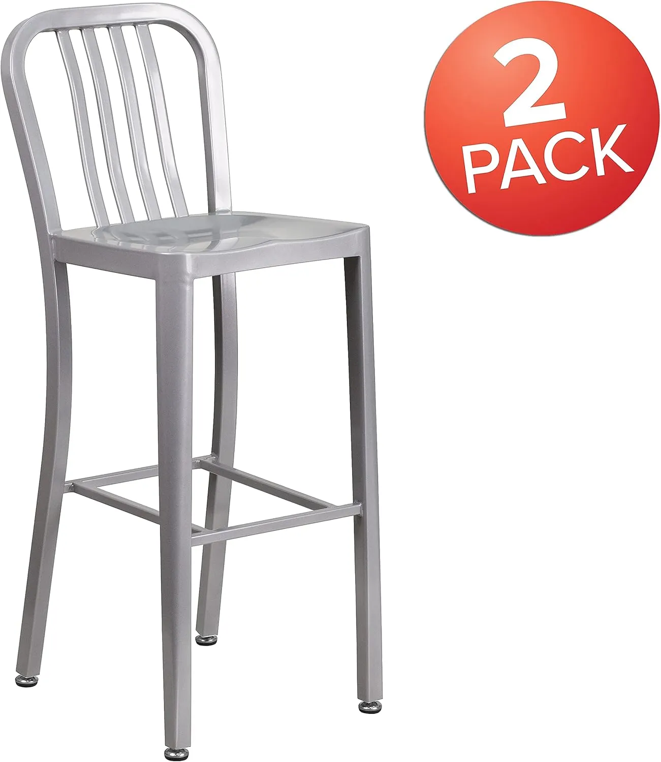 Flash Furniture Gael 30" Commercial Metal Barstools with Footrest, Vertical Slat Back Bar Height Stools for Restaurants and Kitchens, Set of 2, Silver