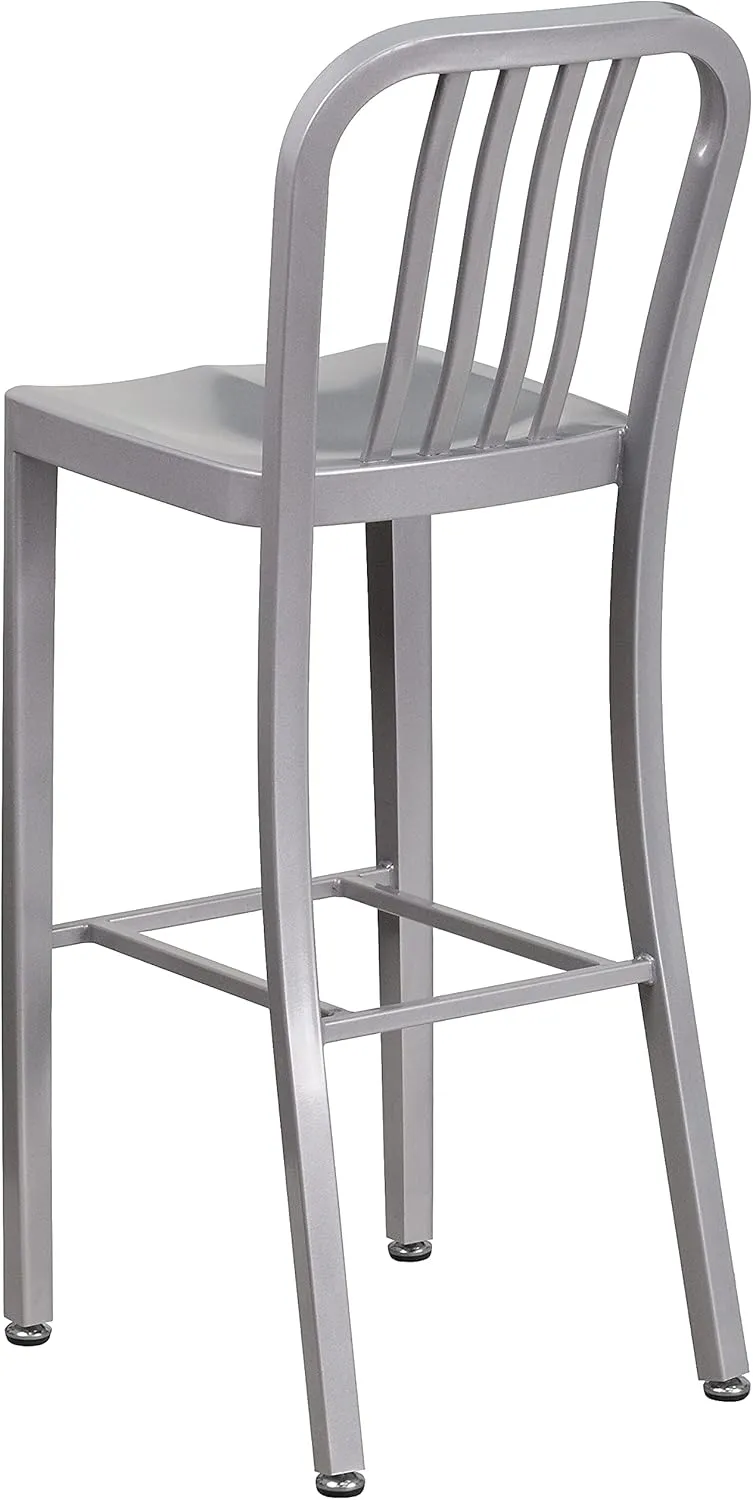 Flash Furniture Gael 30" Commercial Metal Barstools with Footrest, Vertical Slat Back Bar Height Stools for Restaurants and Kitchens, Set of 2, Silver