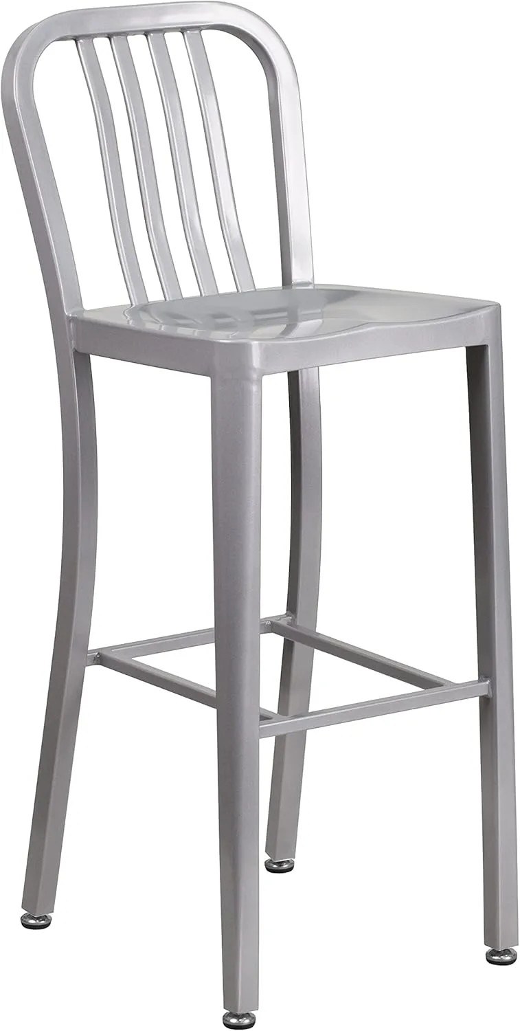 Flash Furniture Gael 30" Commercial Metal Barstools with Footrest, Vertical Slat Back Bar Height Stools for Restaurants and Kitchens, Set of 2, Silver