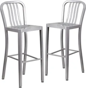 Flash Furniture Gael 30" Commercial Metal Barstools with Footrest, Vertical Slat Back Bar Height Stools for Restaurants and Kitchens, Set of 2, Silver