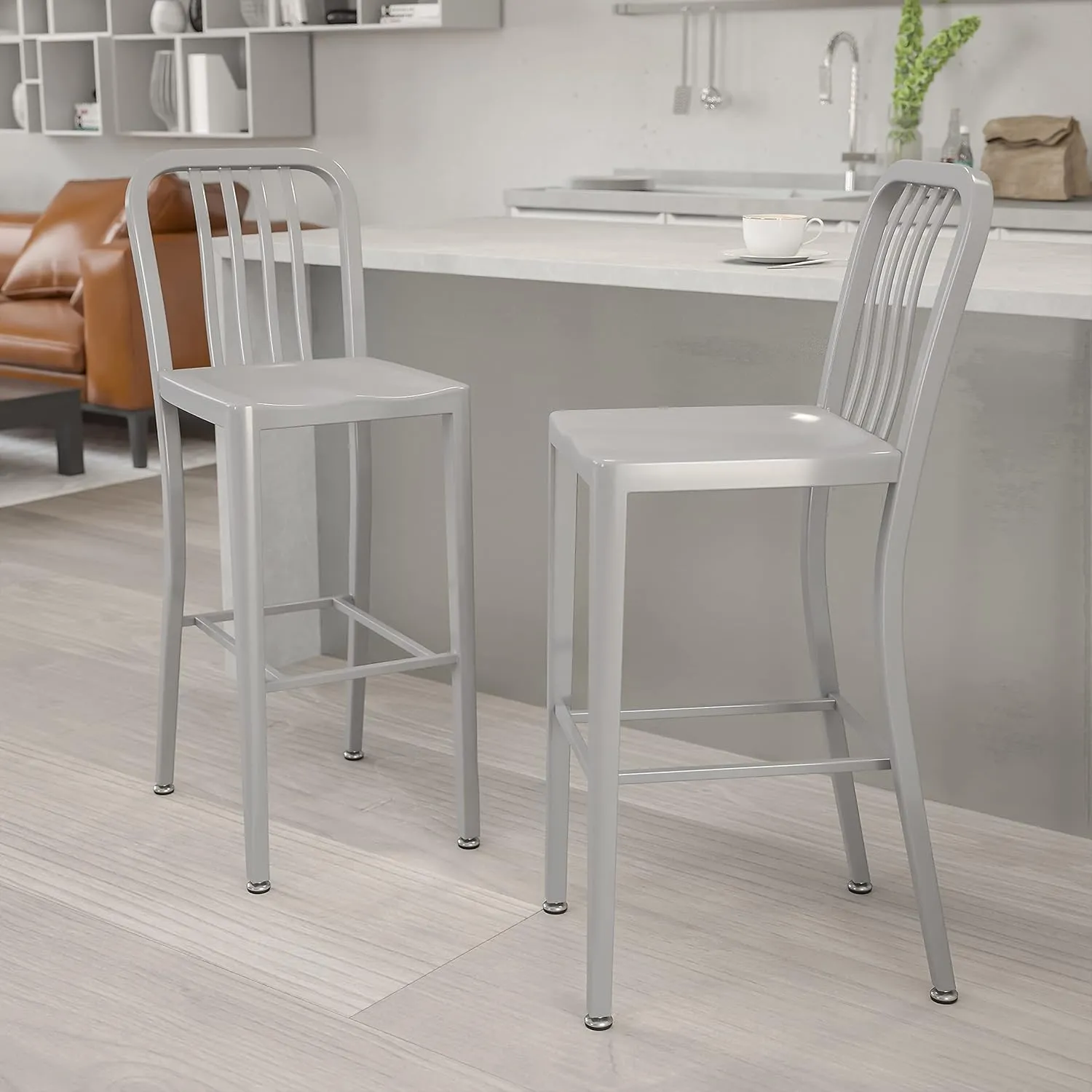 Flash Furniture Gael 30" Commercial Metal Barstools with Footrest, Vertical Slat Back Bar Height Stools for Restaurants and Kitchens, Set of 2, Silver