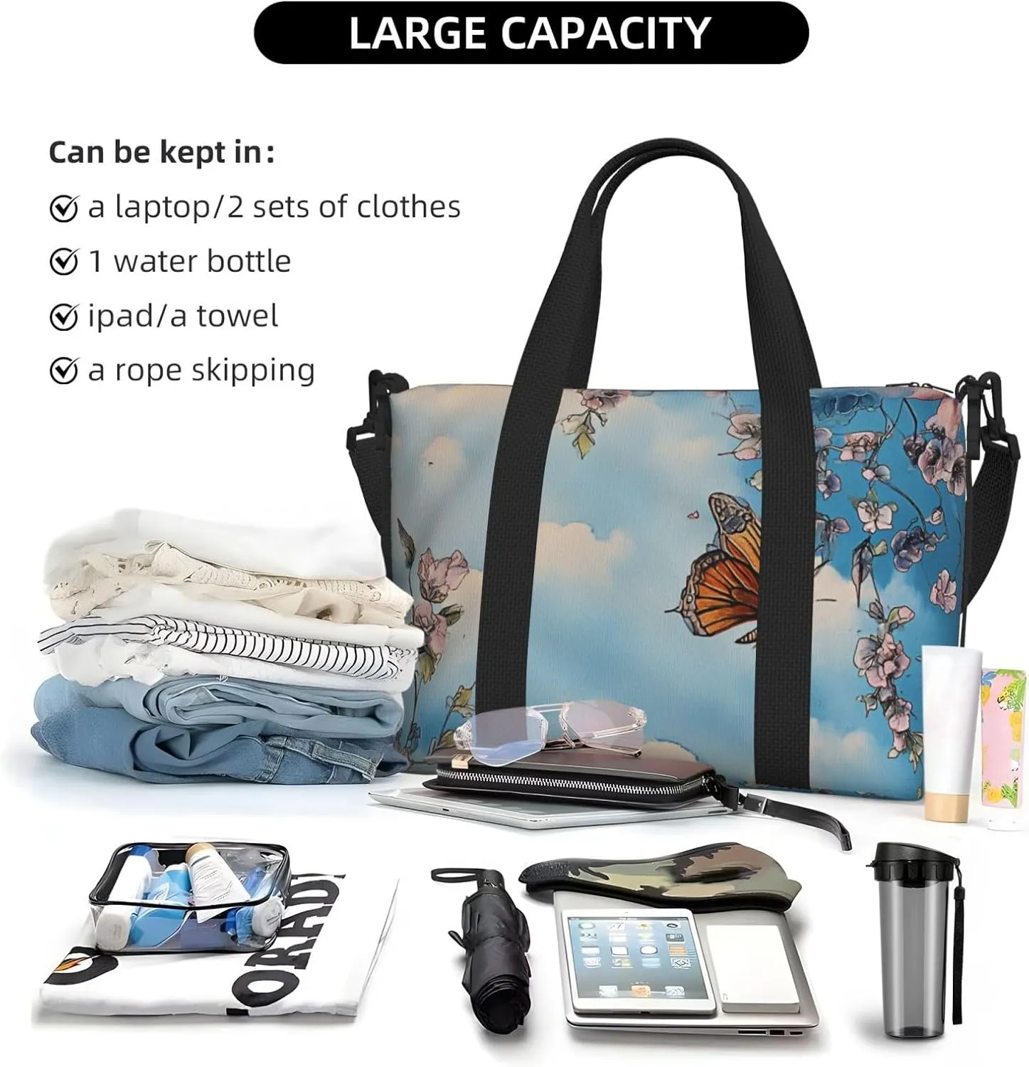 floral art print Travel Duffel Bag, Sports Tote Gym Bag, Swim Pool Bag Large Shoulder Tote Bag for Beach Weekender