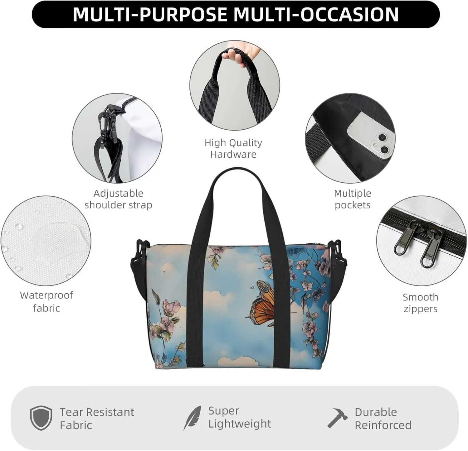 floral art print Travel Duffel Bag, Sports Tote Gym Bag, Swim Pool Bag Large Shoulder Tote Bag for Beach Weekender