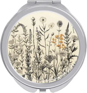 Floral Herbs Botanical Engraving Portable Makeup Mirror, Sided Travel Hand Mirror Mini Folding Mirror for Precise Makeup Women Daily Use