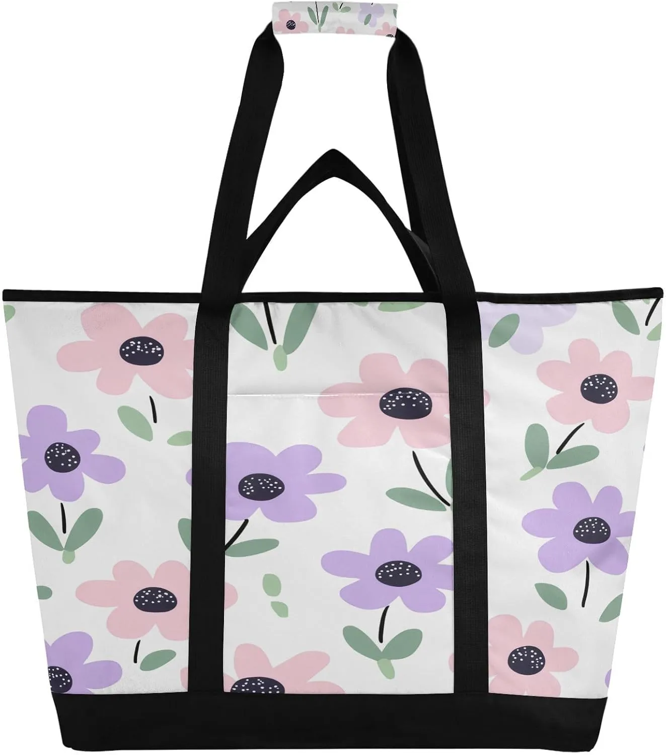 Floral Pattern Reusable Insulated Lunchbox Cooler Bag, Leakproof Kitchen Grocery Bag Collapsible Portable Cooler Tote Bag for Picnic, Camping, Office, Travel